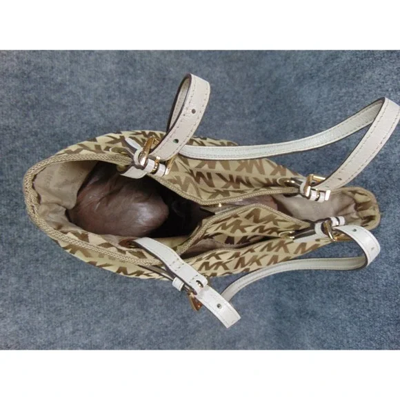 Michael Kors Tote Bag Jet Set MK Signature Logo Beige Brown Leather Trim - Picture 4 of 16